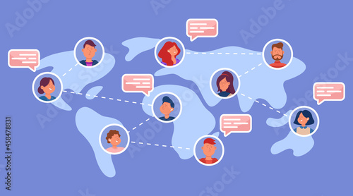 Diverse people talking to friends worldwide. Men and women from different countries on world map flat vector illustration. Global communication, social media or network concept for banner