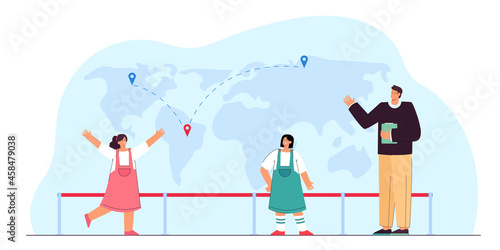 Cartoon girl meeting friend from different country. World map with location pins flat vector illustration. Traveling, international communication concept for banner, website design or landing web page