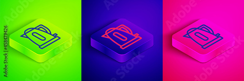 Isometric line Electric kettle icon isolated on green, blue and pink background. Teapot icon. Square button. Vector