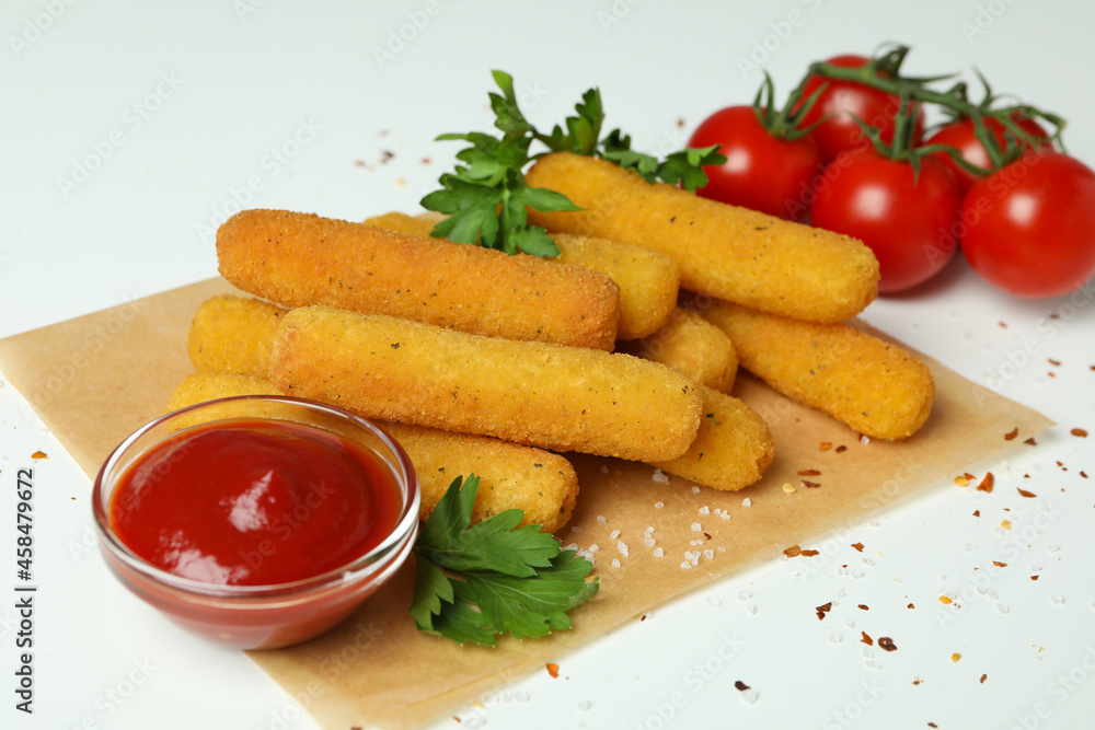 Concept of tasty food with cheese sticks on white background