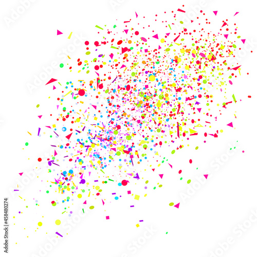 Multicolored confetti on white. Pattern for design. Background with glitters. Print for polygraphy, posters, banners and textiles. Greeting cards. Explosion. Firework