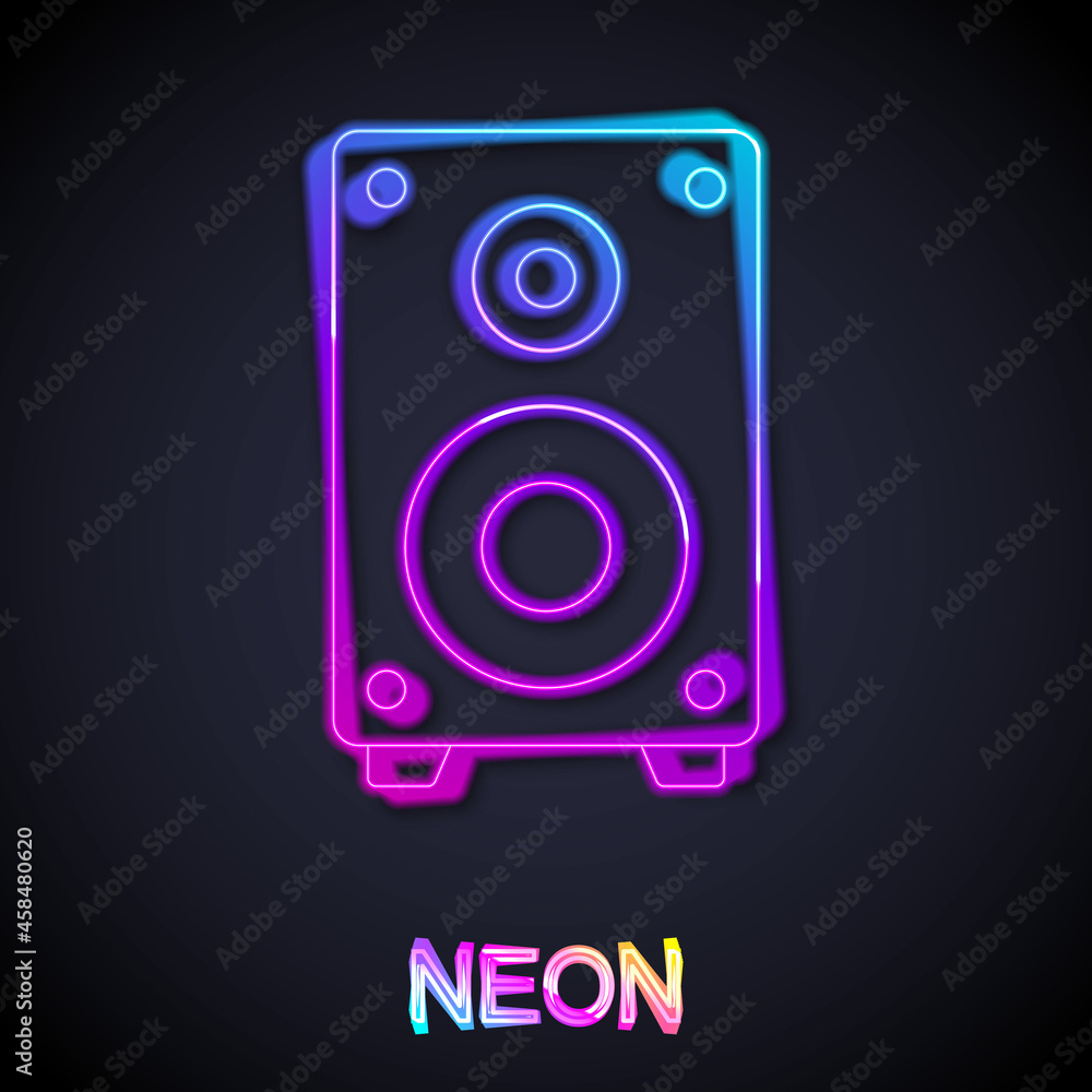 Glowing neon line Stereo speaker icon isolated on black background. Sound system speakers. Music icon. Musical column speaker bass equipment. Vector Glowing neon line Stereo speaker icon isolated on black background. Sound system speakers. Music icon. Musical column speaker bass equipment. Vector