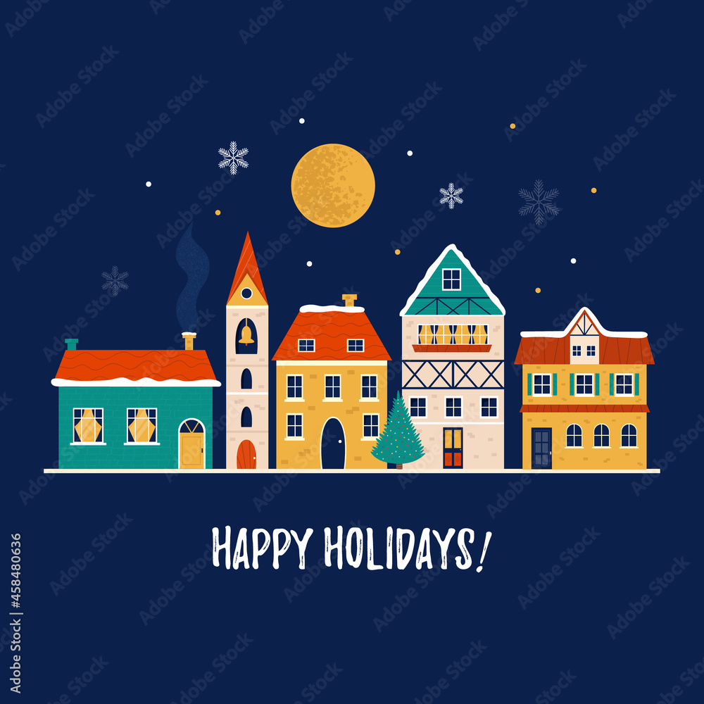Holiday Christmas illustration with colorful buildings and Christmas tree.