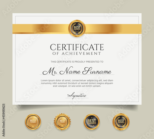 Diploma certificate border template with gold badges
