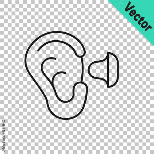 Black line Earplugs and ear icon isolated on transparent background. Ear plug sign. Noise symbol. Sleeping quality concept. Vector