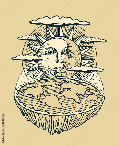 Hand-drawn banner with flat Earth, the Sun and Moon. Old Vision of Planet and solar system. Alternative pseudo scientific theory of flat earth. Vector illustration in beige colors in retro style.