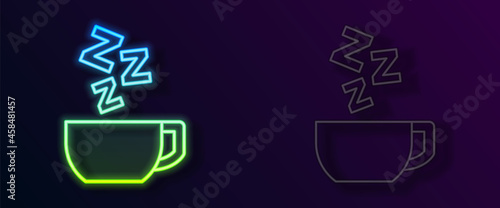 Glowing neon line Chamomile tea icon isolated on black background. A useful therapeutic drink from flowers of chamomile medicinal. Vector