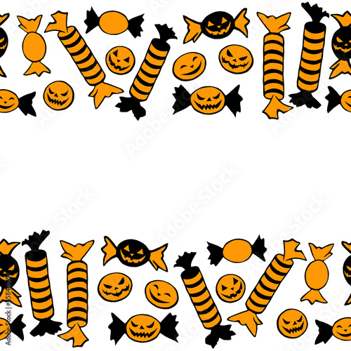 Background, frame of candy in different wrappers in Halloween style . Horizontal top and bottom edging, border of sweets. Trick or treat. Background for guising, invitation, party poster