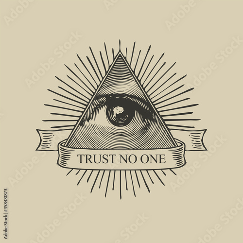 The eye of Providence in a triangular pyramid and the inscription Trust no one. Monochrome icon of the Masonic sign of the All-Seeing Eye of God on old paper background. Vector banner in vintage style