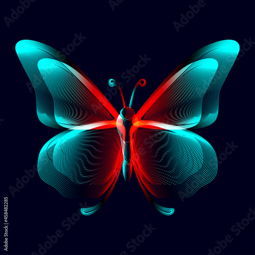 Butterfly neon silhouette in line art style. 3D vector illustration of glowing papillon contour top view isolated on a dark background