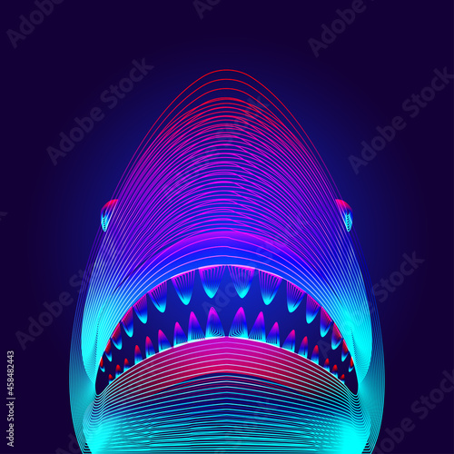 Dangerous shark head with opened mouth and jaws. 3D virtual hologram of a big white or tiger shark silhouette in neon line art style. Vector digital illustration of underwater sea fish outline
