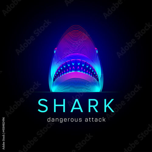 Shark dangerous attack. Abstract head of a whale or a tiger shark with opened mouth and jaws. 3D vector illustration of a big underwater sea fish silhouette in neon line art style on a dark background