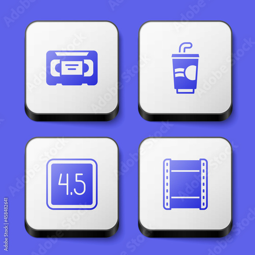 Set VHS video cassette tape, Paper glass with water, Rating movie and Play icon. White square button. Vector