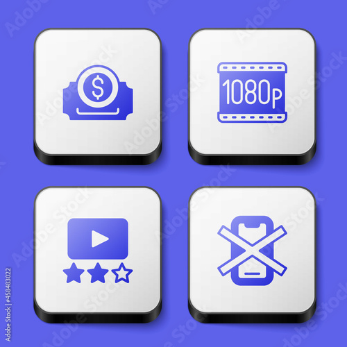 Set Cinema ticket, Full HD 1080p, Rating movie and No cell phone icon. White square button. Vector