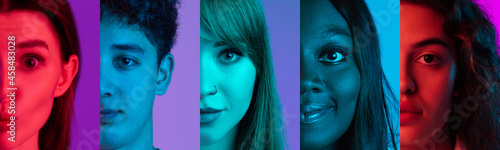 Cropped portraits of group of young people on multicolored background in neon light. Collage made of 5 male and female models