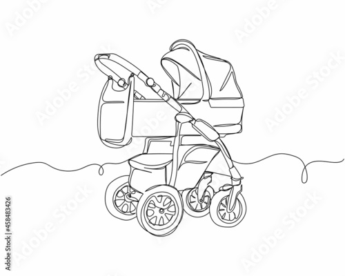 Continuous one line drawing of baby carriage modern pram in silhouette on a white background. Linear stylized.Minimalist.