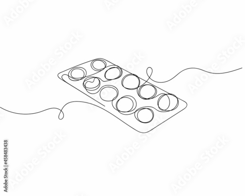 Continuous one line drawing of blister with pills in silhouette on a white background. Linear stylized.Minimalist.