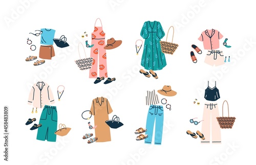 Fashion sets of summer outfits with casual clothes, bags and accessories for woman. Modern looks with dresses and pants from female wardrobe. Flat vector illustration isolated on white background
