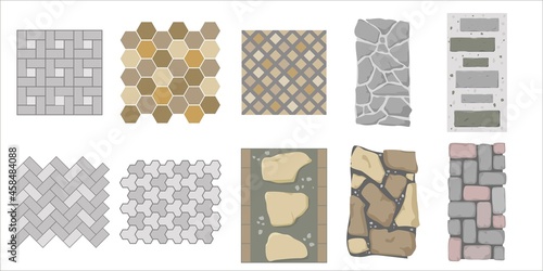 Tile for street pavement or park sidewalk. Road pattern street. Set of top view vector street pavements or park sidewalk road pattern street tile. Floor tiles with rock, brick and cobble stone texture