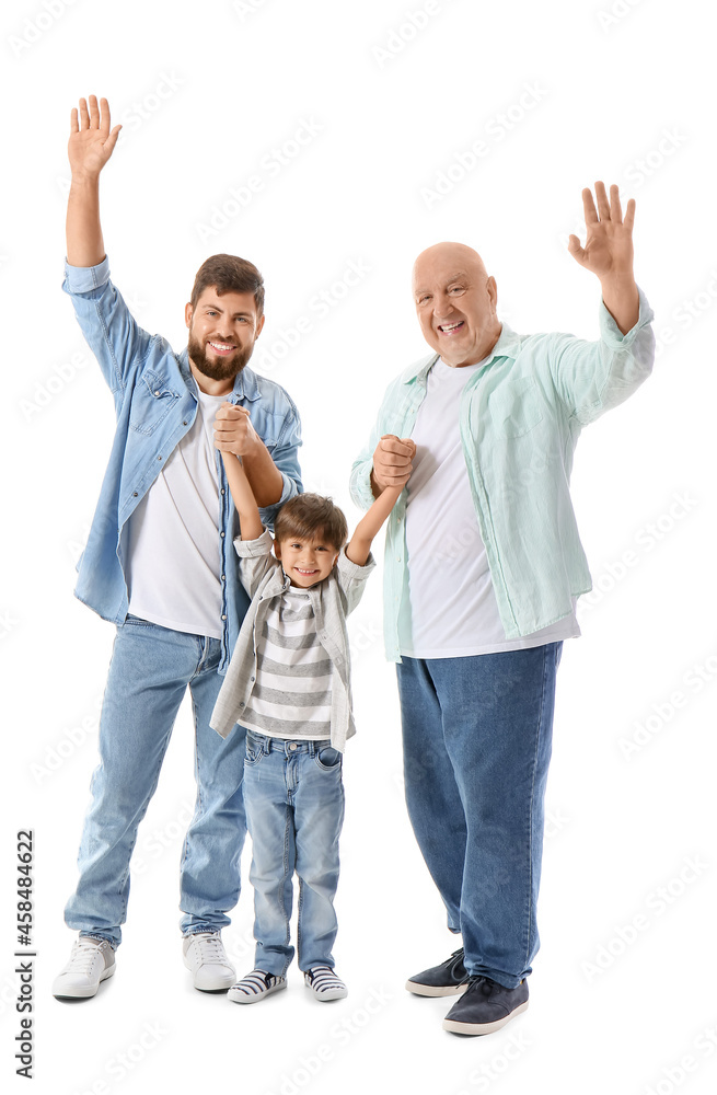Fototapeta premium Happy man, his little son and father on white background