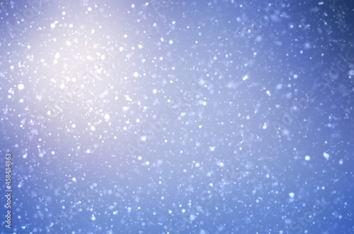 Fluffy snowflakes blue blur plain background. Winter sky textured illustration. © MaxArtMix