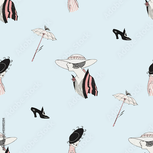 Vintage Parisian fashion pattern vector feminine background, remix from artworks by George Barbier