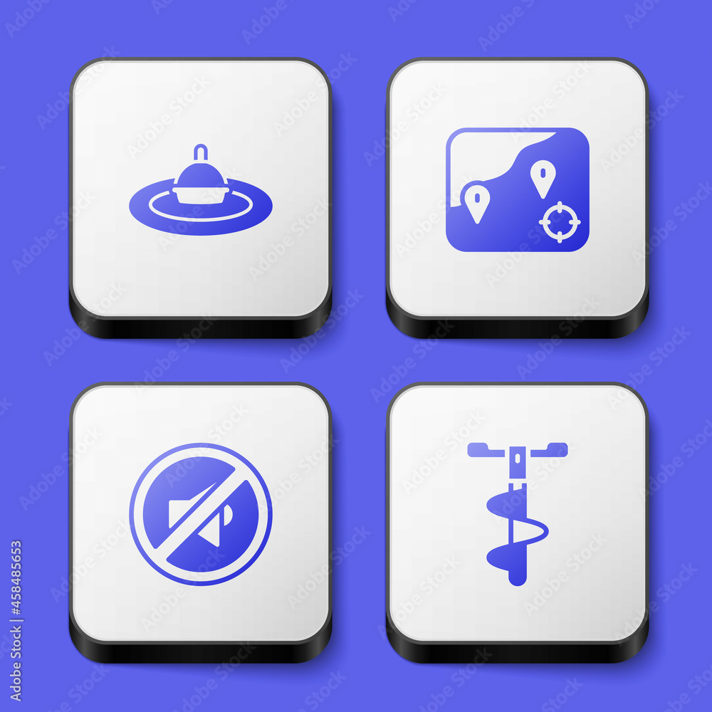 Set Fishing float in water, Location fishing, Speaker mute and Hand ice drill icon. White square button. Vector Set Fishing float in water, Location fishing, Speaker mute and Hand ice drill icon. White square button. Vector