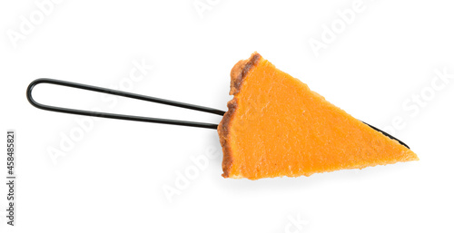 Spatula with piece of delicious pumpkin pie on white background