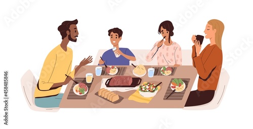Family with kids eating home food at dining table. Father  mother and children at dinner. Happy parents  son and daughter enjoying meal with meat. Flat vector illustration isolated on white background