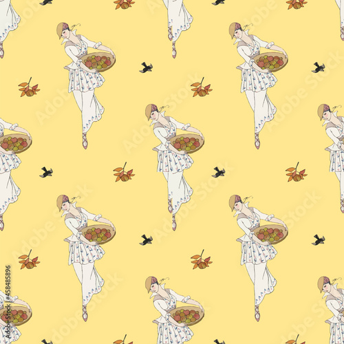 Woman picking apple background vector 1920's fashion, remix from artworks by George Barbier