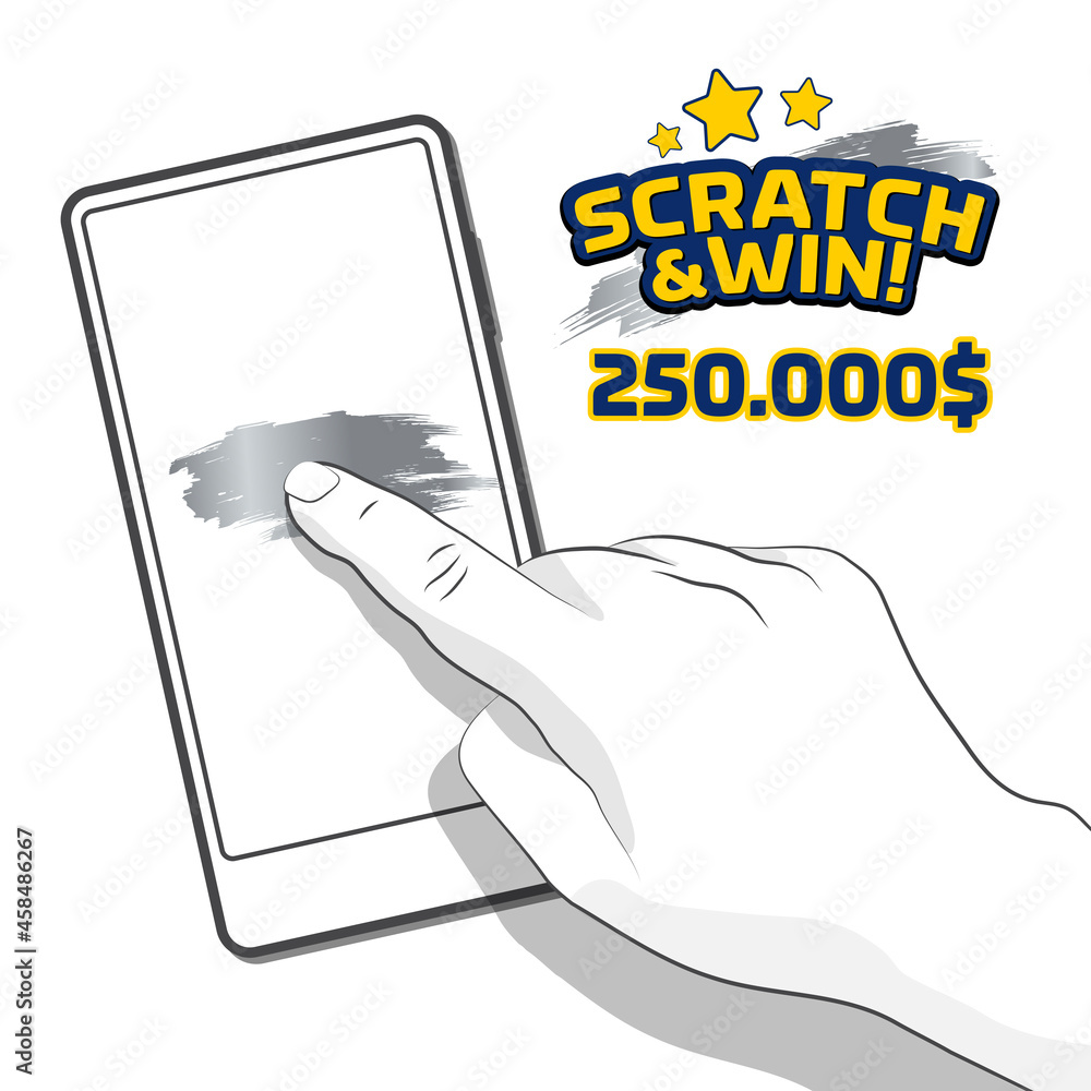 Illustration of hand playing scratch card on the mobile, white. Idea for  online gambling promotion. Stock Vector | Adobe Stock