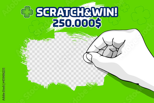 Illustration of hand scratching with scratch game coin.