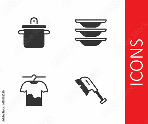 Set Brush for cleaning, Cooking pot, Drying clothes and Washing dishes icon. Vector