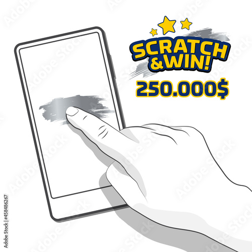 Illustration of hand playing scratch card on the mobile, white. Idea for online gambling promotion.