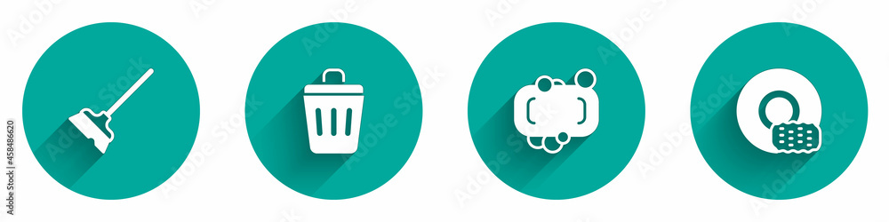 Set Mop, Trash can, Bar of soap and Washing dishes icon with long shadow. Vector Set Mop, Trash can, Bar of soap and Washing dishes icon with long shadow. Vector