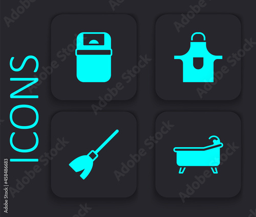 Set Bathtub, Trash can, Kitchen apron and Handle broom icon. Black square button. Vector