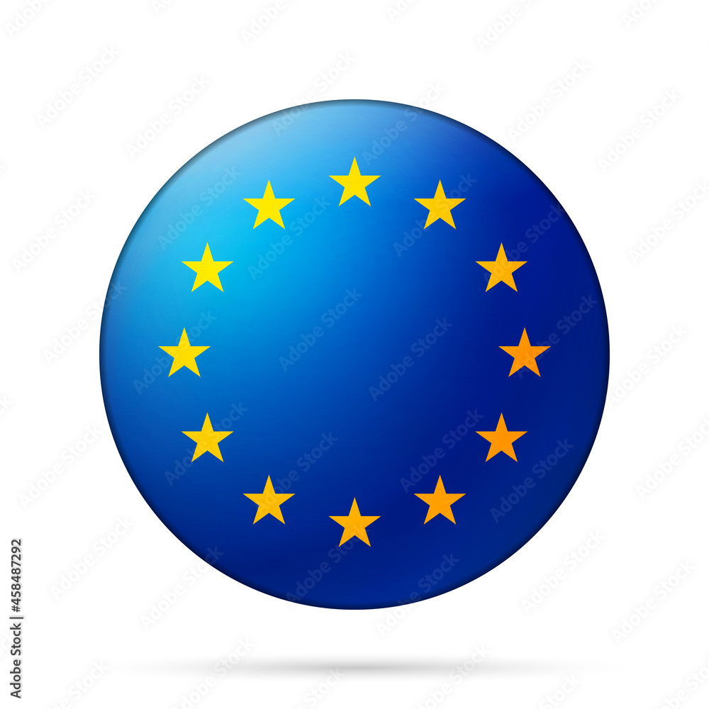 Glass light ball with European Union flag. Round sphere, template icon. EU national symbol. Glossy realistic ball, 3D abstract vector illustration highlighted on a white background. Big bubble Glass light ball with European Union flag. Round sphere, template icon. EU national symbol. Glossy realistic ball, 3D abstract vector illustration highlighted on a white background. Big bubble