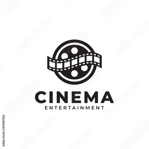 Cinema Film Icon. Film reel stripes, filmstrip roll tapes. Movie cinema video studio production logo design template element