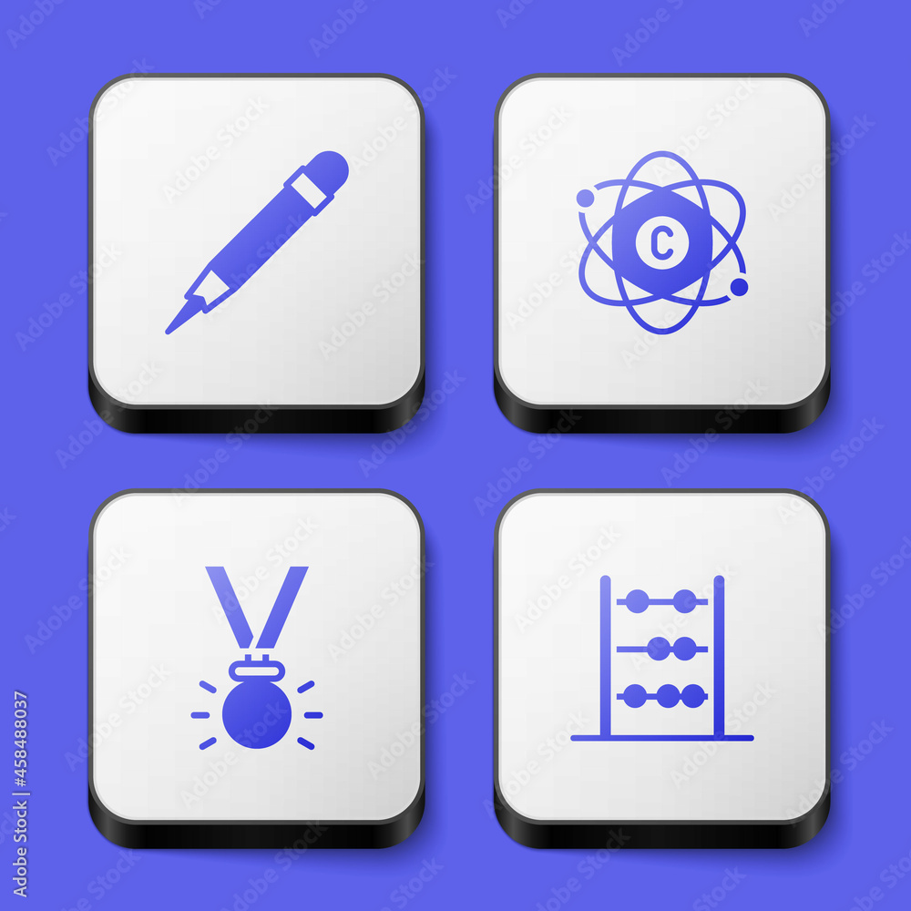 Set Pencil with eraser, Atom, Medal and Abacus icon. White square button. Vector Set Pencil with eraser, Atom, Medal and Abacus icon. White square button. Vector