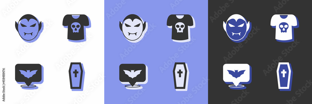 Set Coffin with christian cross, Vampire, Flying bat and Shirt skull icon. Vector Set Coffin with christian cross, Vampire, Flying bat and Shirt skull icon. Vector