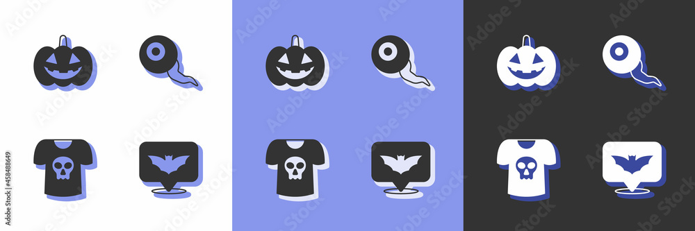 Obraz premium Set Flying bat, Pumpkin, Shirt with skull and Eye icon. Vector