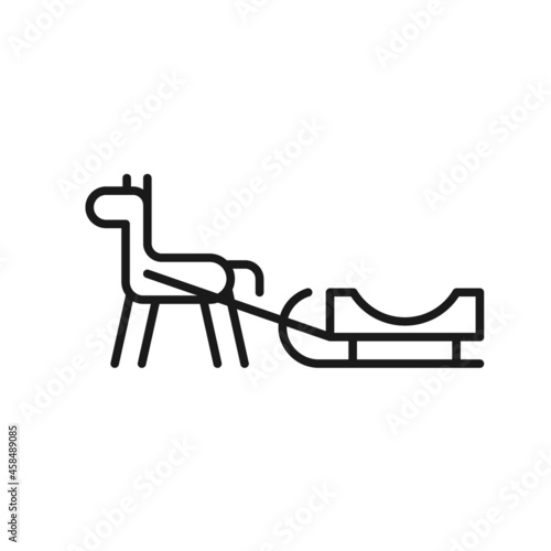Isolated black line icon of horse with sled on white background. Outline winter horse riding. Logo flat design. Winter entertainment. Side view.