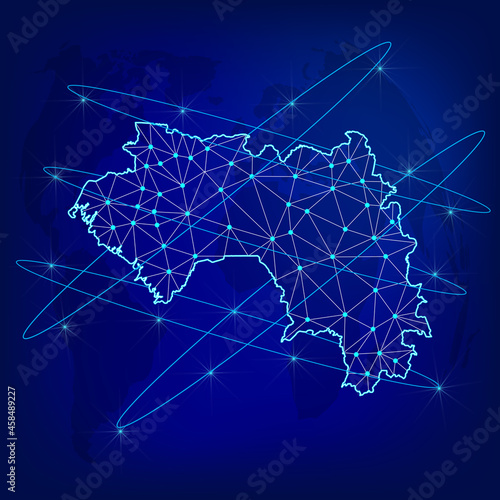 Global logistics network concept. Communications network map Guinea on the world background. Map Republic of Guinea with nodes in polygonal style. EPS10. 