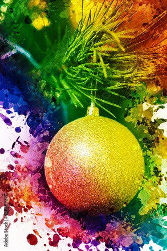 Christmas ball against a rainbow background Christmas tree ornament hanging from a pine branch. Multicolored splashes and drops of paint. Digital watercolor painting.