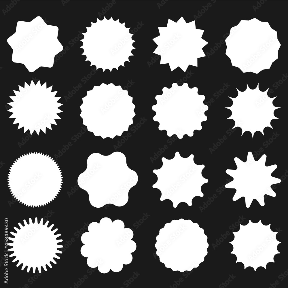 White shopping labels collection. Sale or discount sticker. Special offer price tag. Supermarket promotional badge. Vector sunburst icon. White shopping labels collection. Sale or discount sticker. Special offer price tag. Supermarket promotional badge. Vector sunburst icon.