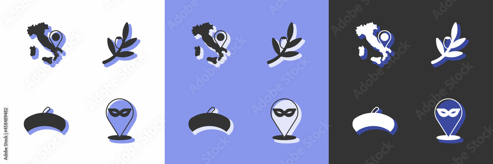 Set Carnival mask, Map of Italy, French beret and Olives branch icon. Vector