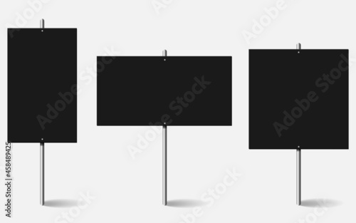 Blank black banner mockup set on metal stick. Protest poster, advertisement with metal holder. Protest sign isolated on white background