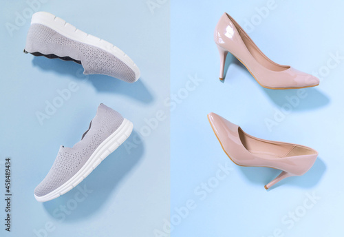 A collage of beige women's high-heeled shoes and gray sneakers on a blue background. My feet are tired of heels. The concept of sales and advertising. flat. From above.