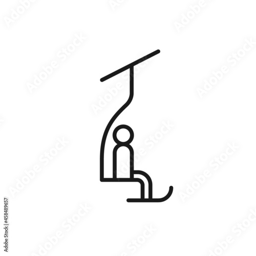 Isolated black line icon of skier on chair lift on white background. Outline chair lift. Logo flat design. Winter mountain sport.
