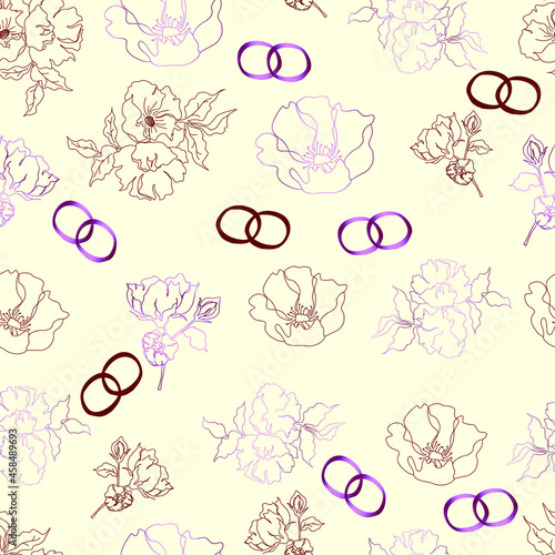 wedding floristic vector seamless pattern with flowers and rings. For wrapping paper, invitations and greetings
